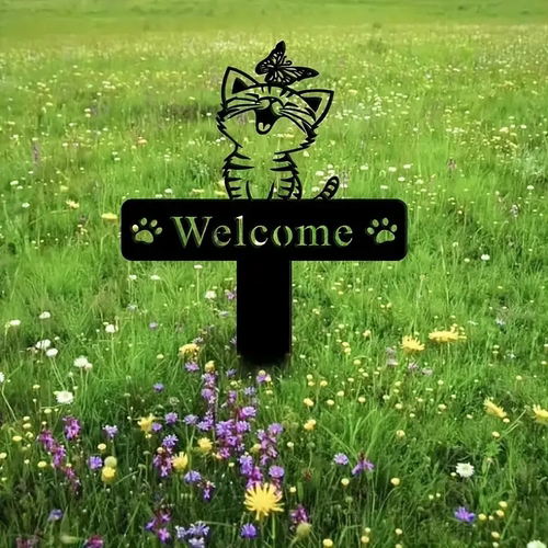 Welcome金属猫剪影欢迎光临花园桩庭院草坪地插户外花园景观插件