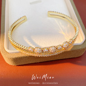 14k真金电镀镶锆石双层圆形开口手镯精致气质手链轻奢感手饰