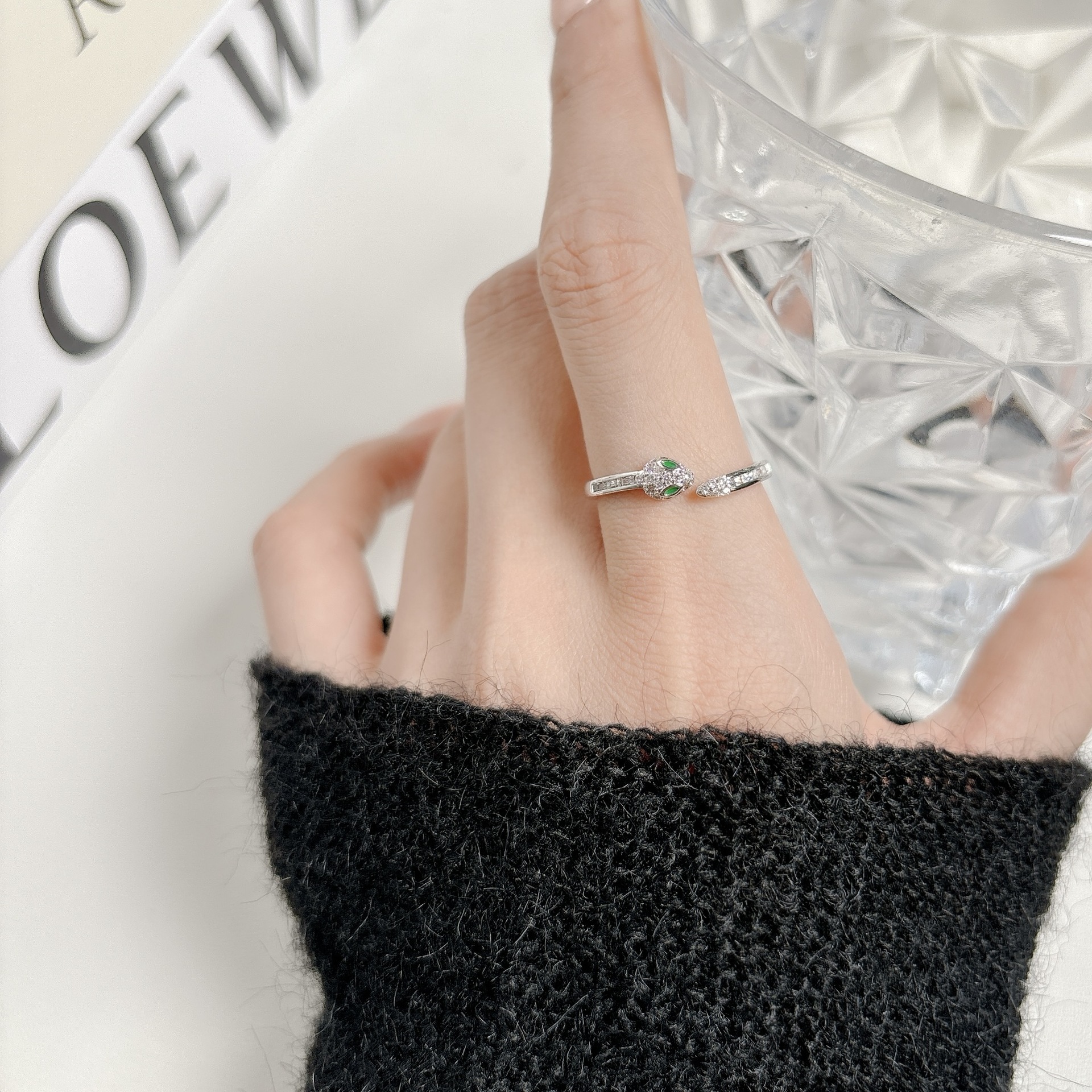 微镶绿眼蛇形开口指环不掉色戒指女小众轻奢风个性时尚食指戒