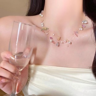 锁骨链海边度假风项饰 多巴胺小清新甜美水晶珍珠项链配饰女夏季
