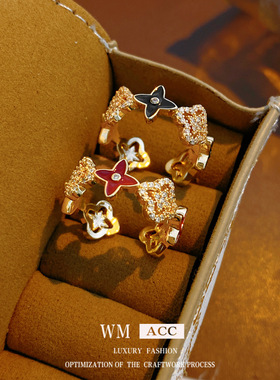 中古vintage真金电镀镶锆石滴油花朵开口戒指小众感指环手饰