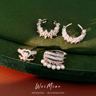 镶锆石心形花朵多层珍珠耳夹女无耳洞个性时尚耳环轻奢感耳饰