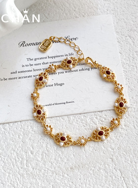 绝美复古沙金镂空花丝手链女精致滴油感文艺国风手饰首饰