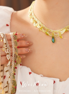 2026年新款春夏绿色蕾丝串珠项链女多层叠戴锁骨链颈链小众感