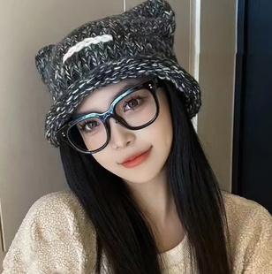 韩国新版女款可爱猫耳朵毛线帽卷边帽檐针织帽显脸小拼色护耳帽潮
