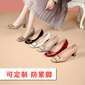 方扣方头通勤工作 真皮中粗跟 宽脚胖脚大小码 不累脚 高跟女单鞋