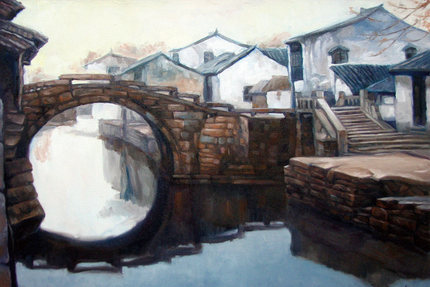 陈逸飞油画 江南石头城 名家油画作品  陈逸飞高清风景油画