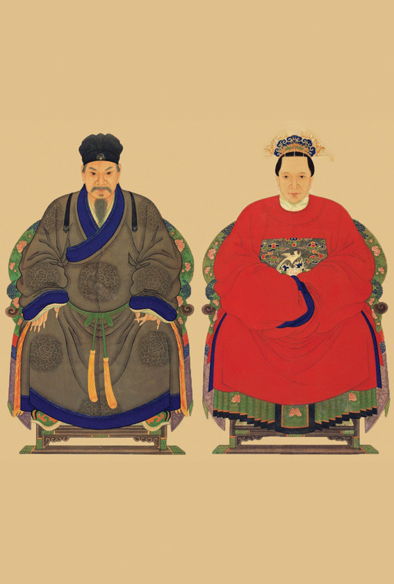 明朝祖宗像官员夫人像 明代官员夫妇像 古代夫妻像饭店居家装饰画