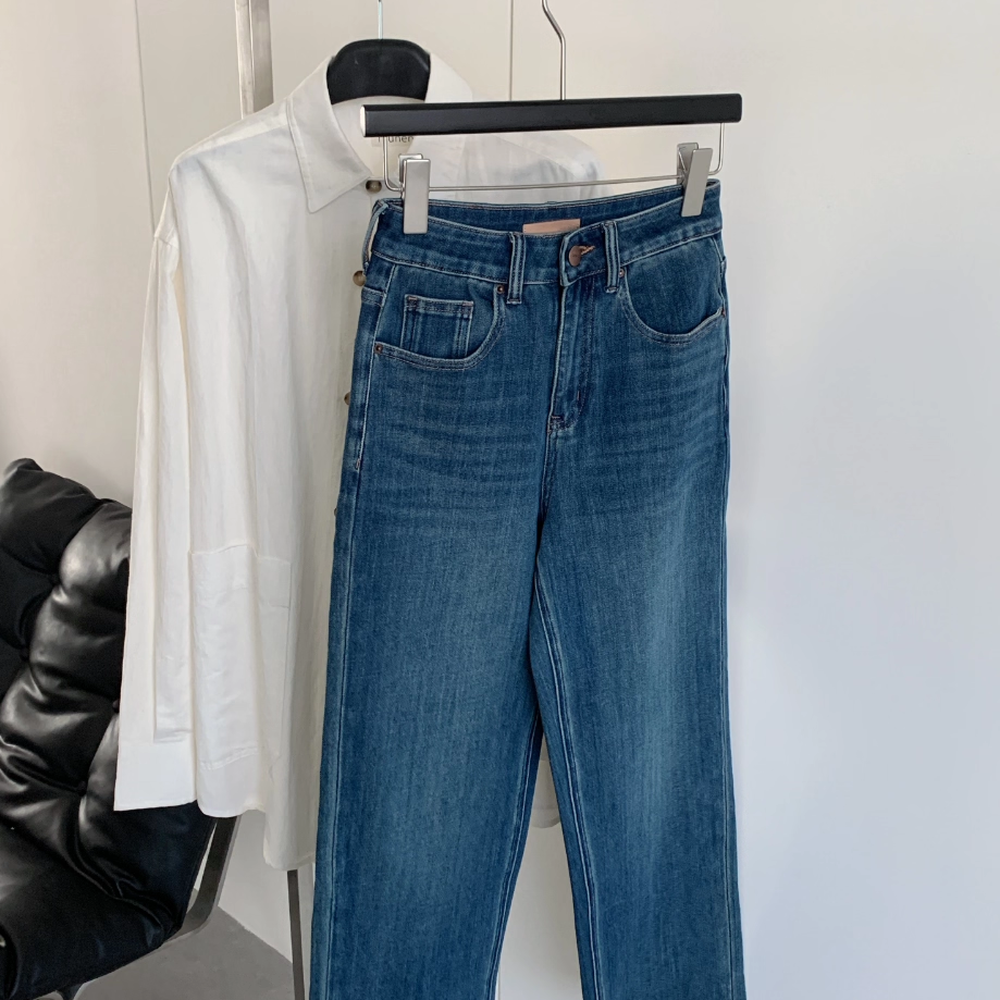 复古水洗直筒牛仔裤高腰显瘦