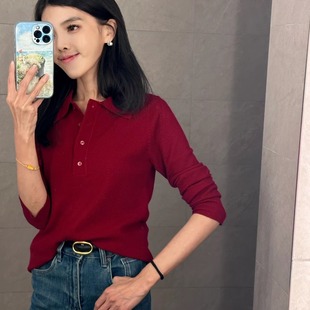 显瘦上衣 人字纹polo纸片人毛衣 秋冬搭配 polo领上衣