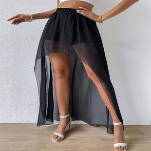 雪纺半身裙长裙夏季新款松紧腰黑纱裙前短后长飘逸性感不规则长裙