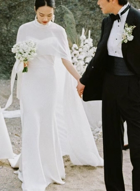 新款新娘礼服外搭欧美女士夏季雪纺前短后长无袖披肩白色防晒披肩