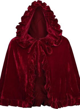 2023新款万圣节丝绒披风圣诞节酒红色连帽斗篷小红帽短款披肩坎甲