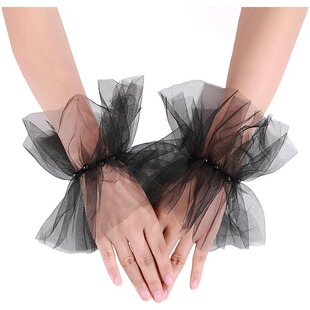 手套女士网纱珍珠手腕花手环配饰舞台装 新娘婚礼黑色网纱袖 套短款