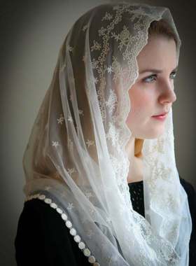 春秋新款经典蕾丝头纱女士包头巾新娘围巾黑色米白色舞台户外拍照