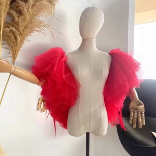 红色手工网纱披肩仙气可拆卸晚礼服演出配饰主持人舞台装蓬蓬网纱