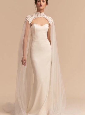 刺绣贴花新娘婚礼包肩小立领网纱披肩透明斗篷三粒扣薄款披风白色