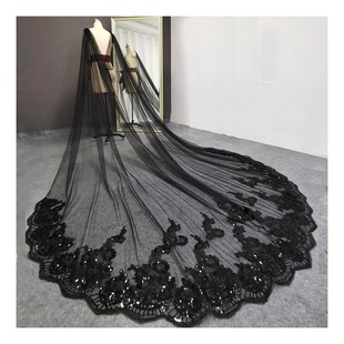 欧美新娘黑色网纱贴花披肩女士长拖尾刺绣花边披风舞台走秀表演服