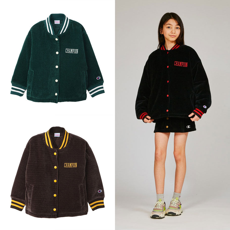 日本冠军 champion 2024冬儿童装灯芯绒拼接刺绣logo拉链外套棉服