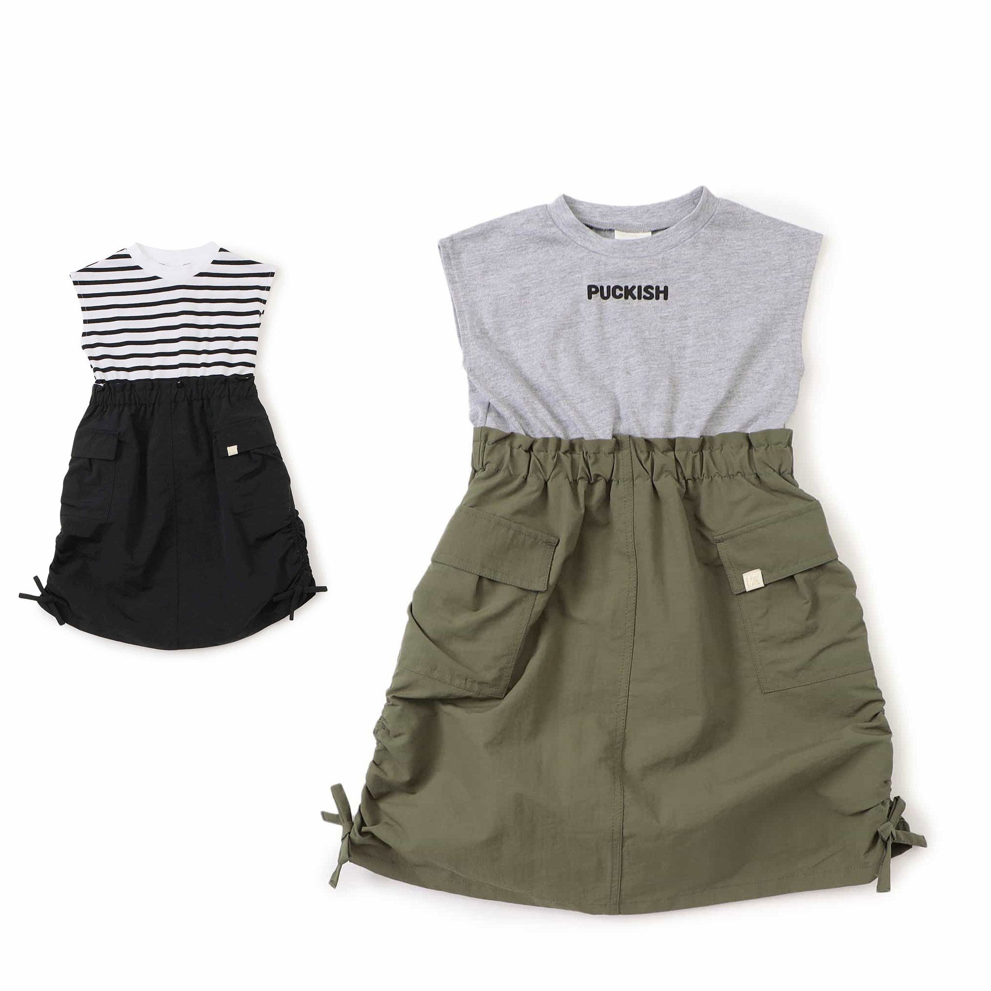 日本 BREEZE 2025夏女童装工装口袋拼接拼色松紧腰微袖圆领连衣裙