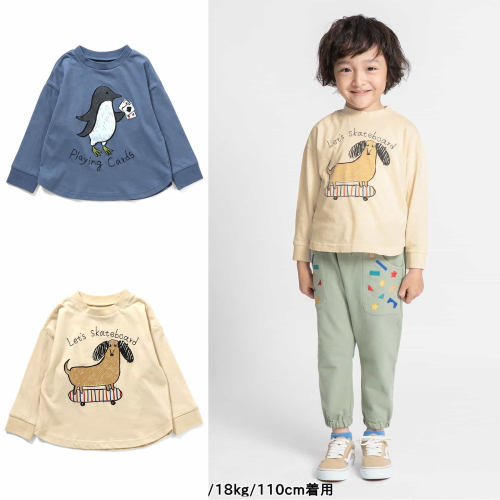 日本 BITZ 2026春儿童装企鹅扑克牌小狗滑板卡通印花圆领长袖T恤