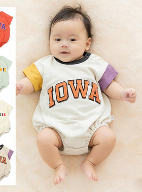 日本 FOKIDS 2026夏新生儿宝宝彩刺绣字母城市三角爬服短袖连身衣