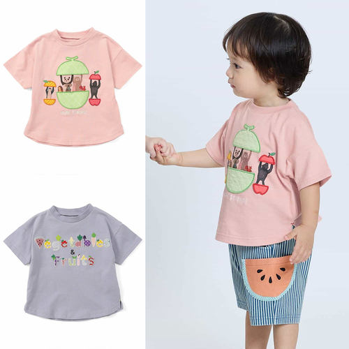 日本 BITZ 2025夏儿童立体彩色字母水果猴子刺绣企鹅圆领短袖T恤