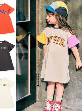 日本 FOKIDS 2026夏女童裙刺绣彩色字母纽约爱荷华拼色短袖连衣裙