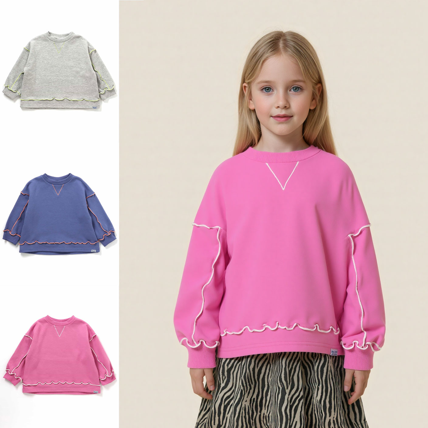 日本 breeze 2025秋冬女童装荷叶花边V字车缝线加绒保暖圆领卫衣