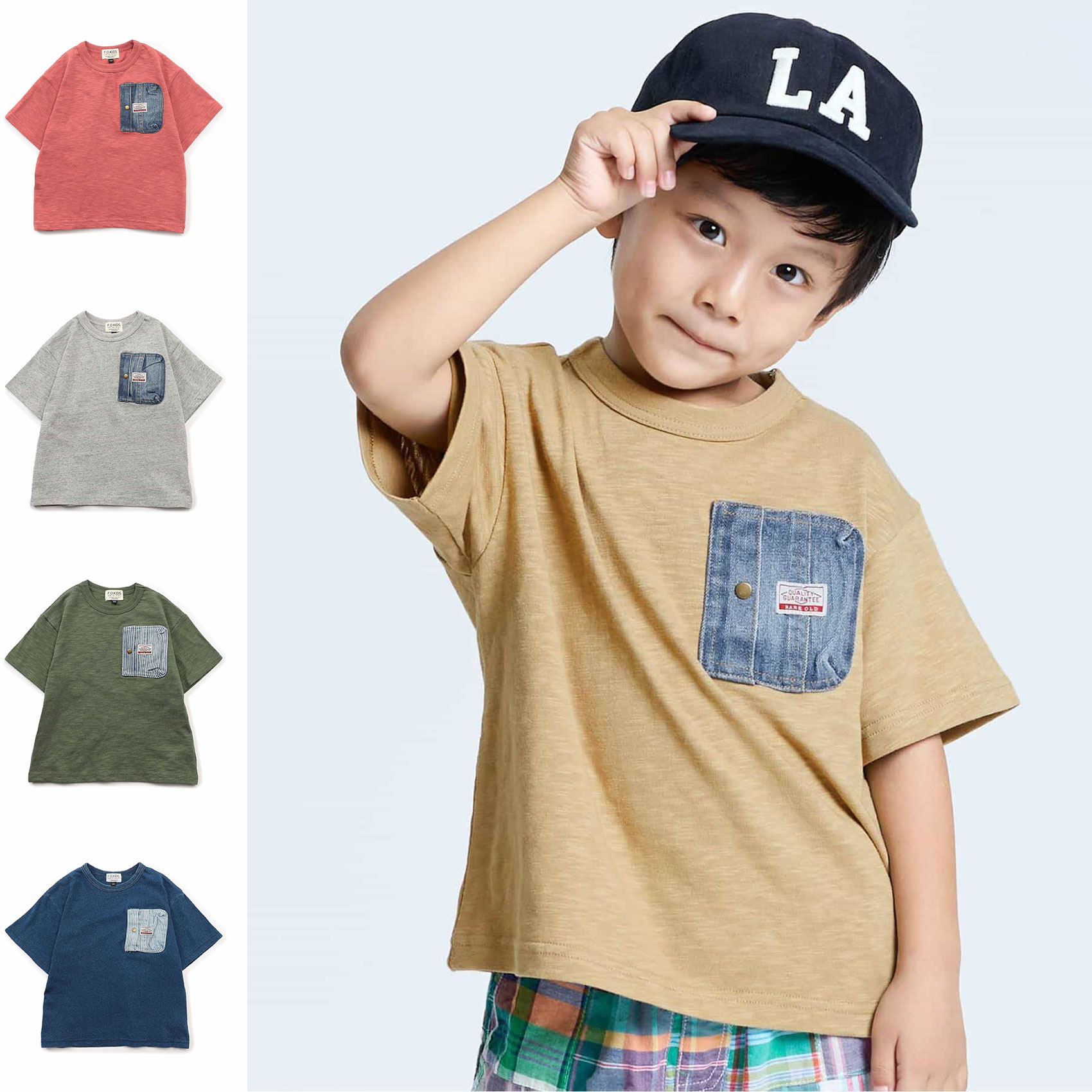 日本 F.O.KIDS 2025夏儿童轻薄透气糖果牛仔口袋宽松圆领短袖T恤