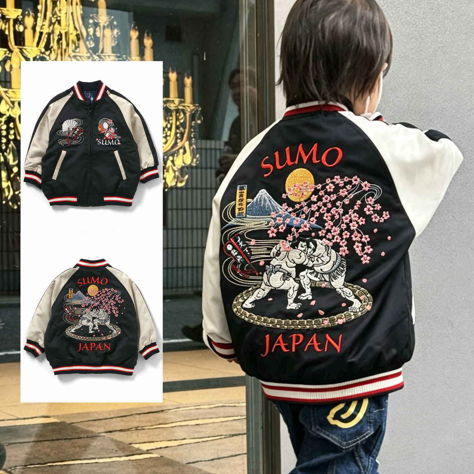 日本 BREEZE 2026冬儿童刺绣相扑节日亲子棉服机车服拉链双面夹克