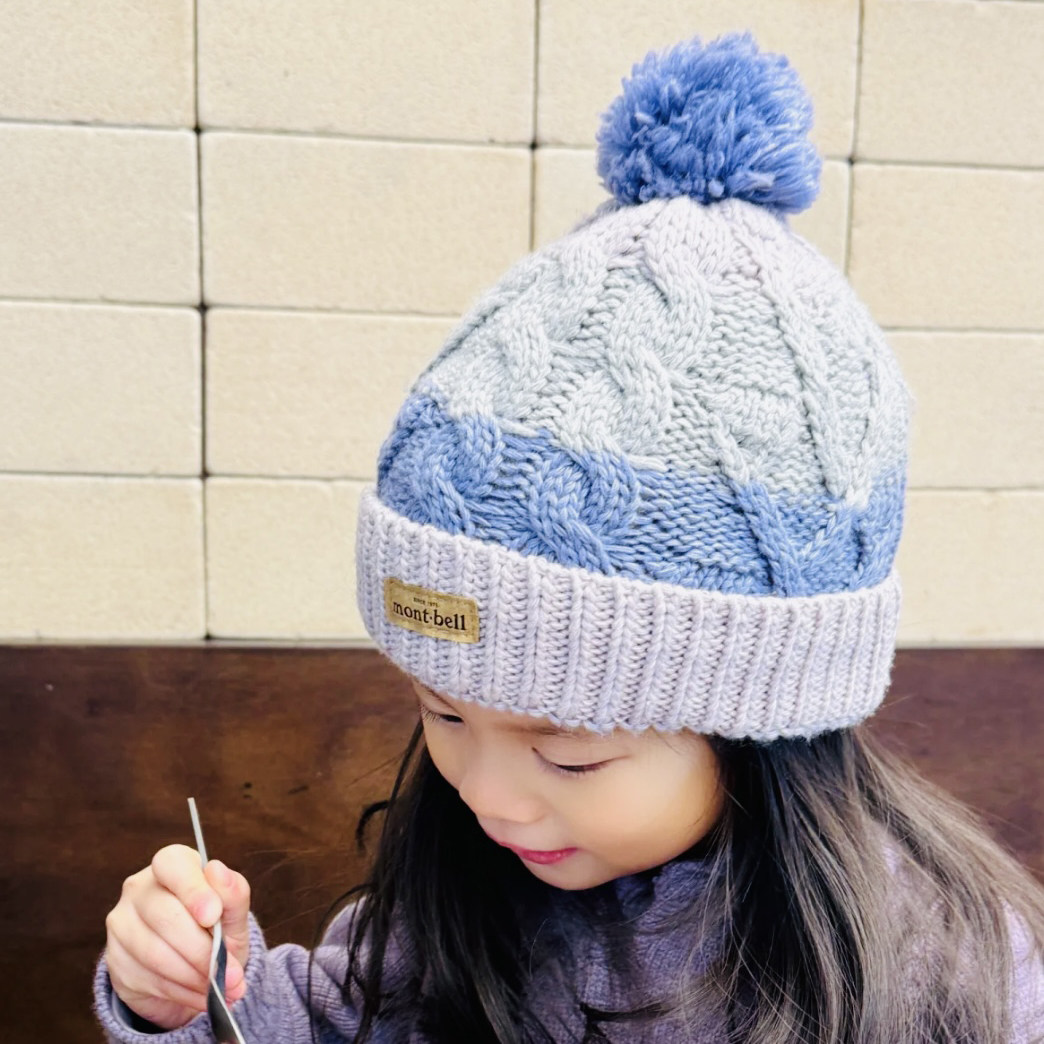 日本美山 mont-bell 2025冬儿童彩色毛球球拼色针织保暖羊绒帽子