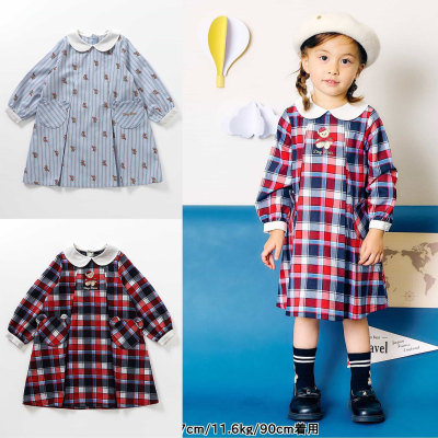 日本 apreslescours 2025秋女童公主刺绣小熊彩色格子翻领连衣裙