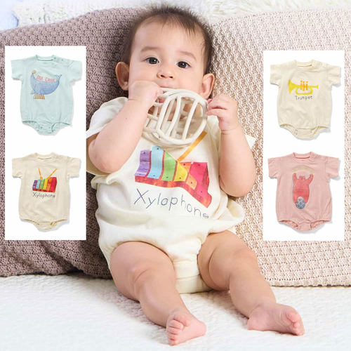 日本 BITZ 2026春夏新生儿宝宝卡通插画管乐器蔬菜短袖爬服连身衣