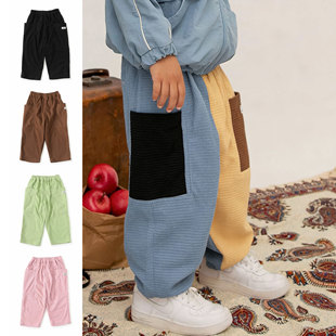 柔软透气华夫格拼色口袋阔腿运动休闲裤 2026春儿童裤 BREEZE 日本