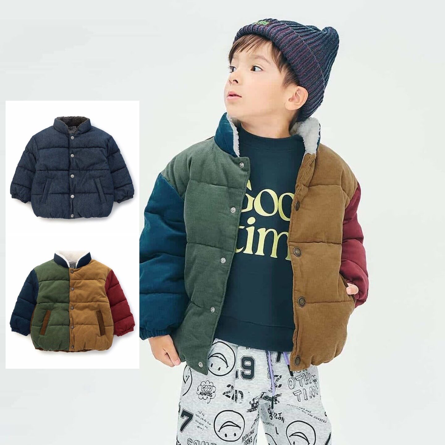 日本 FOKIDS 2026冬儿童装拼色灯芯绒内衬摇粒绒保暖夹克外套棉服