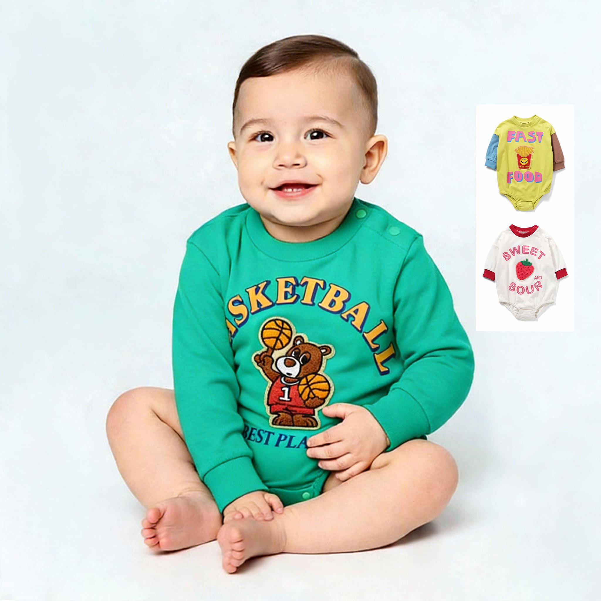 日本 BREEZE 2026春夏生宝宝刺绣小熊薯条草莓三角爬服长袖连身衣