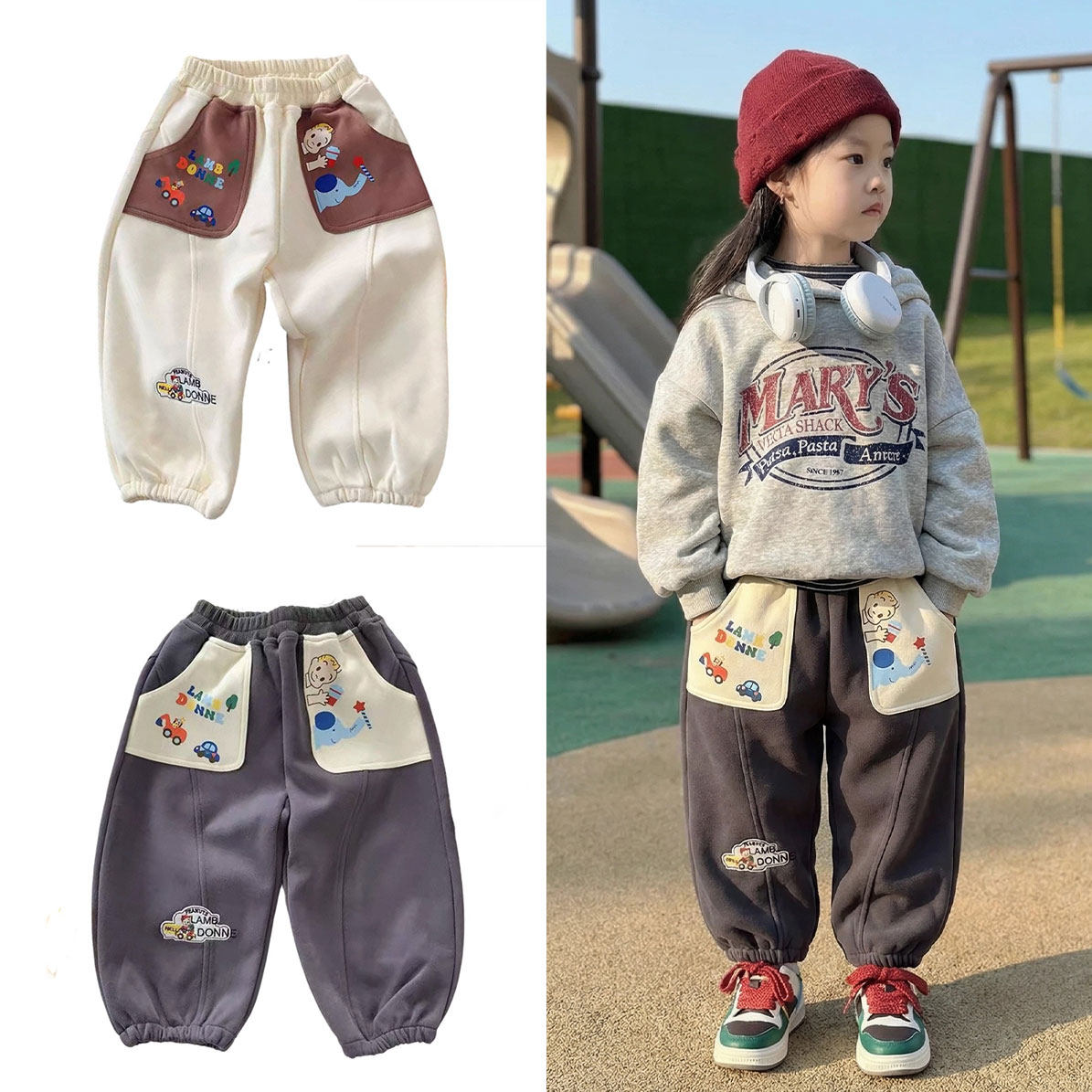 日本原田治 OSAMU GOODS 2026春儿童拼色口袋棉束脚运动休闲卫裤