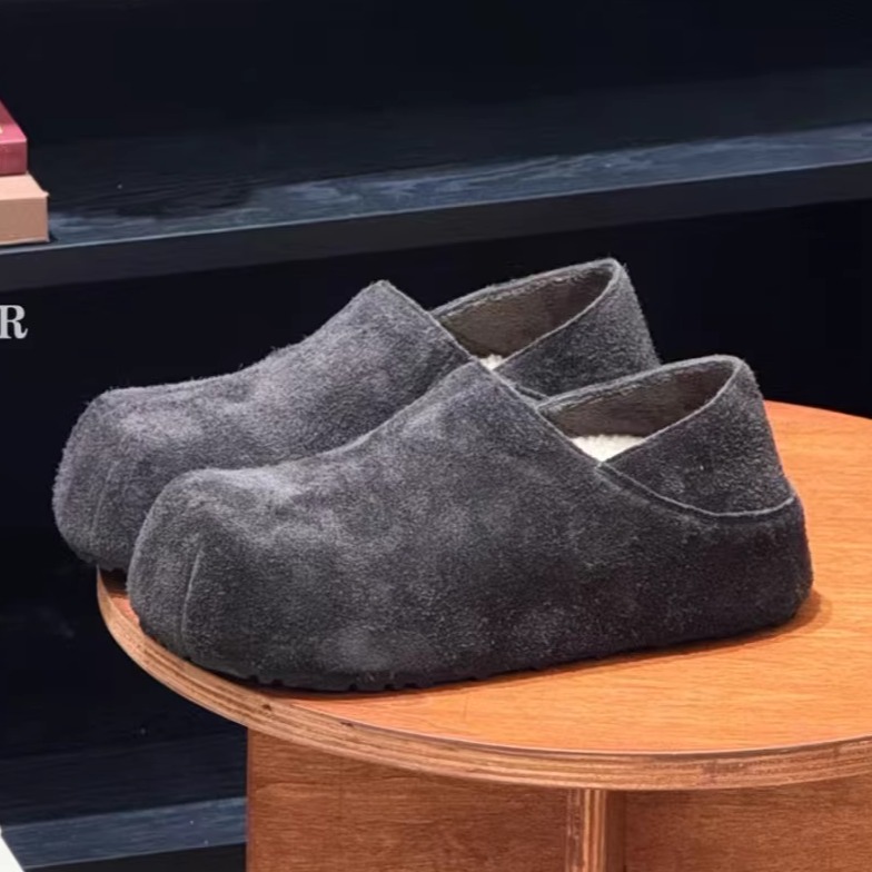 加绒复古真皮厚底勃肯鞋女2025秋冬款羊毛垫一脚蹬懒人豆豆鞋棉鞋