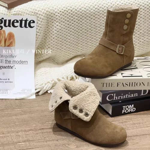 牛反绒内增高复古圆头短筒瘦瘦勃肯靴女2025新款羊羔毛短靴马丁靴