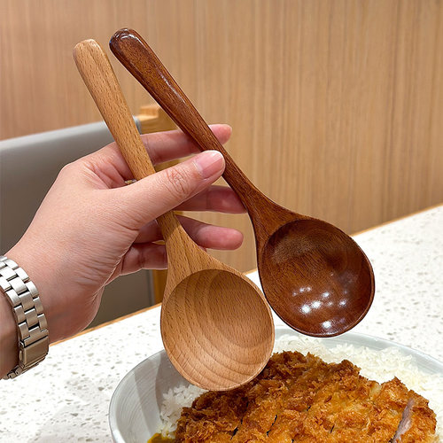 日式餐勺！原木制汤勺吃饭家用泡面干饭盛汤吃播嗦粉喝粥木头勺子