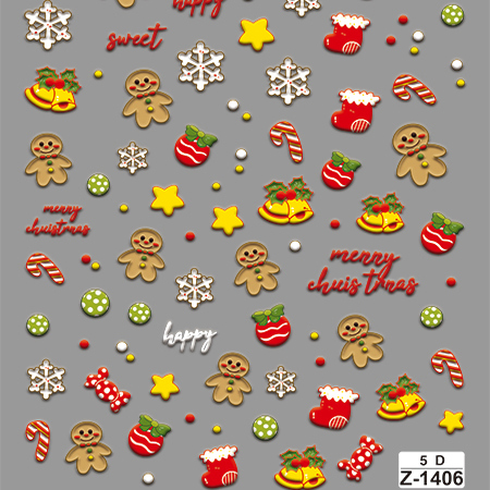 姜饼人5D可爱卡通圣诞树美甲贴纸