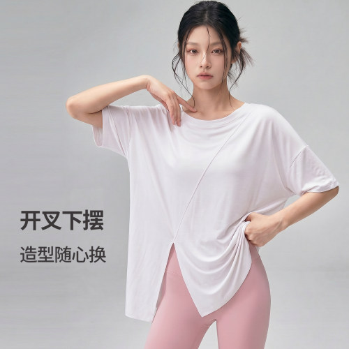 运动上衣女宽松速干T恤跑步罩衫大码胖mm健身服短袖开叉瑜伽