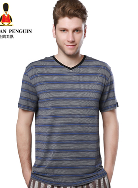 GP企鹅卫队 男士条纹莫代尔T恤 男夏季V领休闲透气短袖