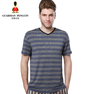 GP企鹅卫队 男士条纹莫代尔T恤 男夏季V领休闲透气短袖