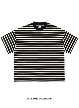 IDLT 320g重磅【廓形】宽松条纹落肩短袖T恤男女CITYBOY大码