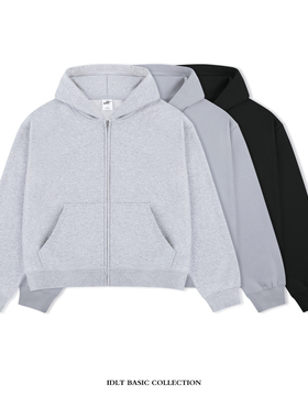 IDLT 短宽版型 410g宽松拉链帽衫BOXY灰色连帽卫衣简约休闲美式潮