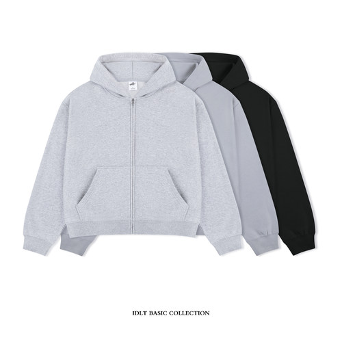 IDLT 短宽版型 410g宽松拉链帽衫BOXY灰色连帽卫衣简约休闲美式潮