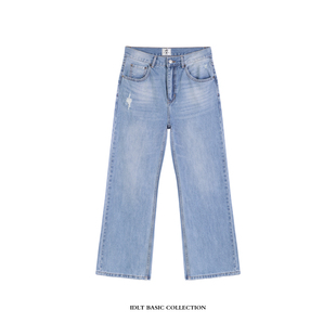 蓝色猫须马骝洗水牛仔裤 IDLT 高品质 2021M 男女阔腿潮 宽松微喇