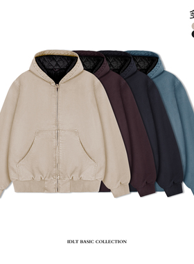 IDLT 15oz 连帽棉衣重磅珠帆布成衣染色水洗工装夹克厚外套宽松潮